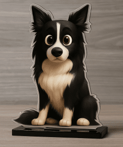 Figura personalizada de Border Collie blanco y negro sentado, hecha en metacrilato impreso y cortado a láser por Ploopi Pets